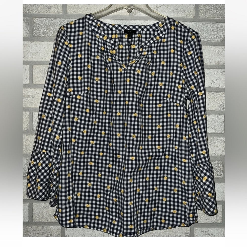 Talbots Blue Plaid With Yellow Flowers and Bell Sleeves Size Small